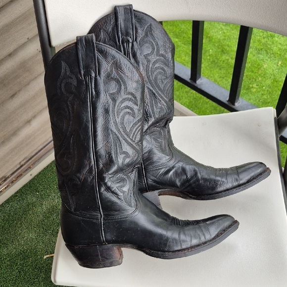 Larry Mahan Black Leather Cowboy Boots Read Description! Vintage - Picture 1 of 17